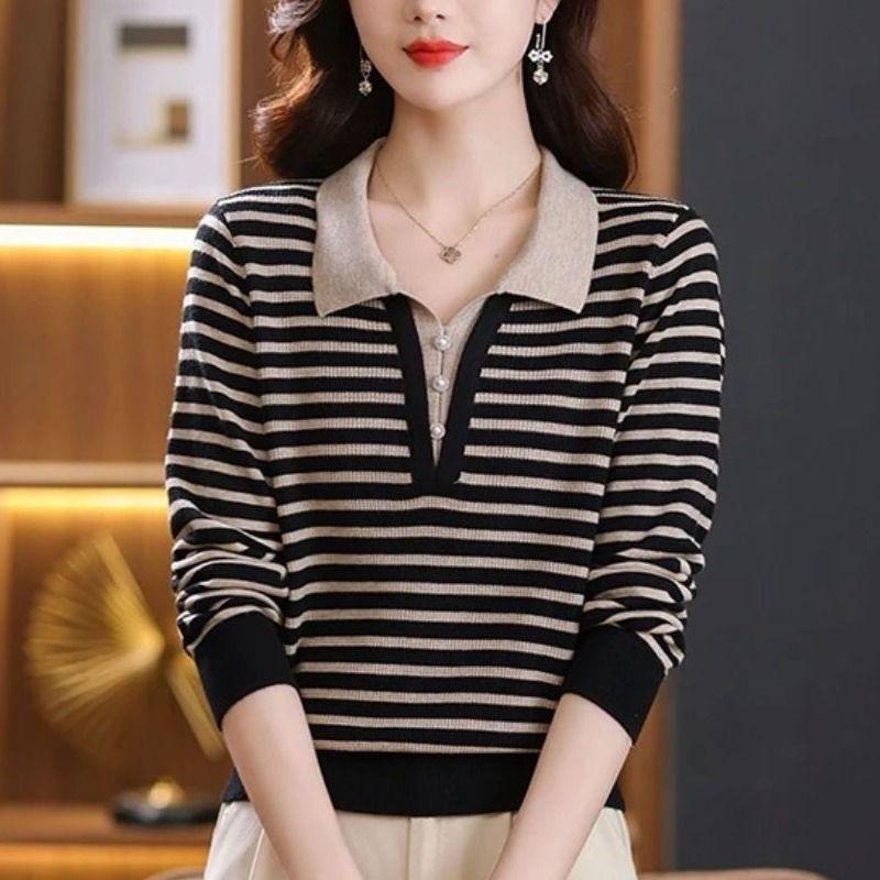 Spring Lapel Fake Two Piece Sweater Women's Panelled Stripe V-neck Button Fashion Loose Casual Patchwork Knitted Top
