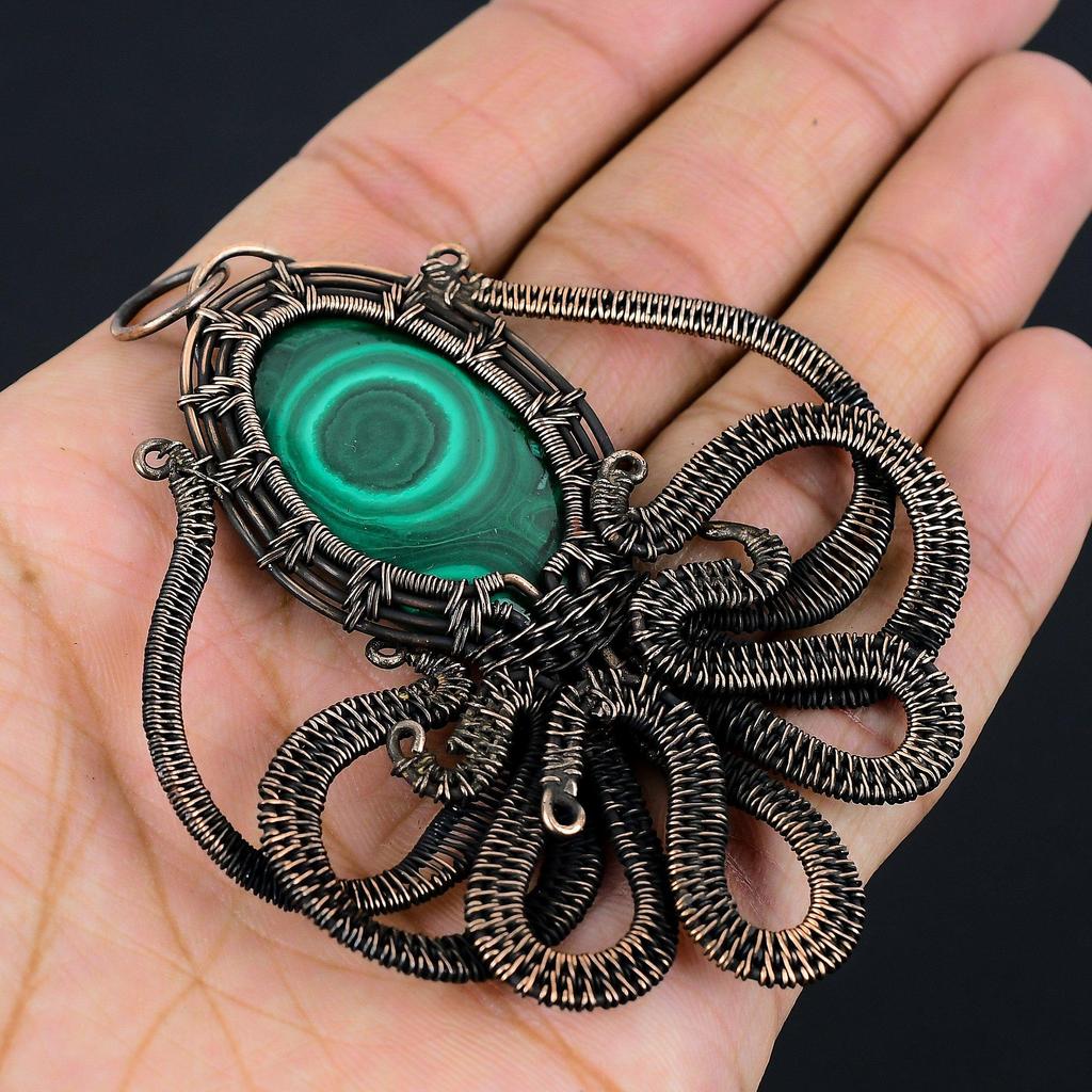 Malachite Gemstone Pure Copper Wire Wrapped Handmade Pendant Octopus Shaped Jewelry Gift