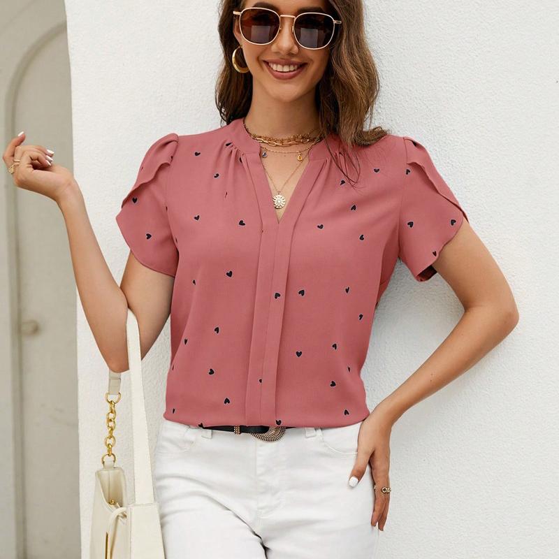 

Женская летняя блузка с коротким рукавом, V-образным вырезом, повседневная, с принтом в виде сердечек и надписью Love, пуловер, рубашка, топ XXL