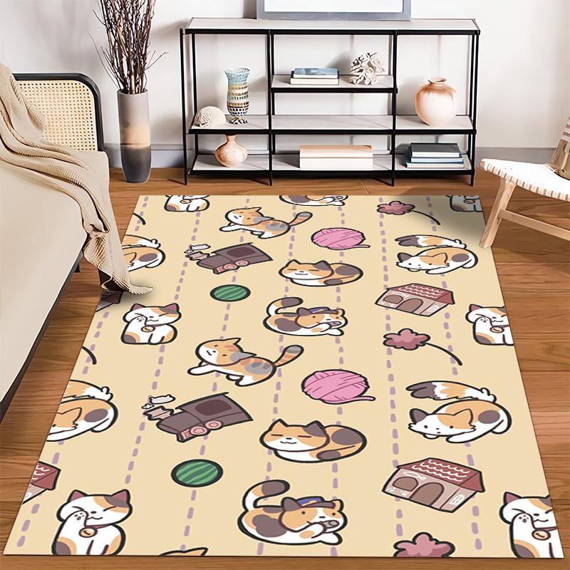 Cute Cartoon Cat Pattern Carpet with Paw Prints Yarn Balls Houses and Beige Background Suitable for Use As an Anti-slip for Room and Bedroom Sofas