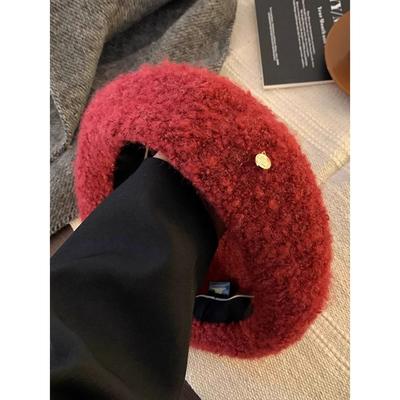 Winter Rote Baskenmütze Koreanischer Stil Warm Hoop Lamm Samt Knospen Malermütze Kürbishut Großer Kopfumfang
