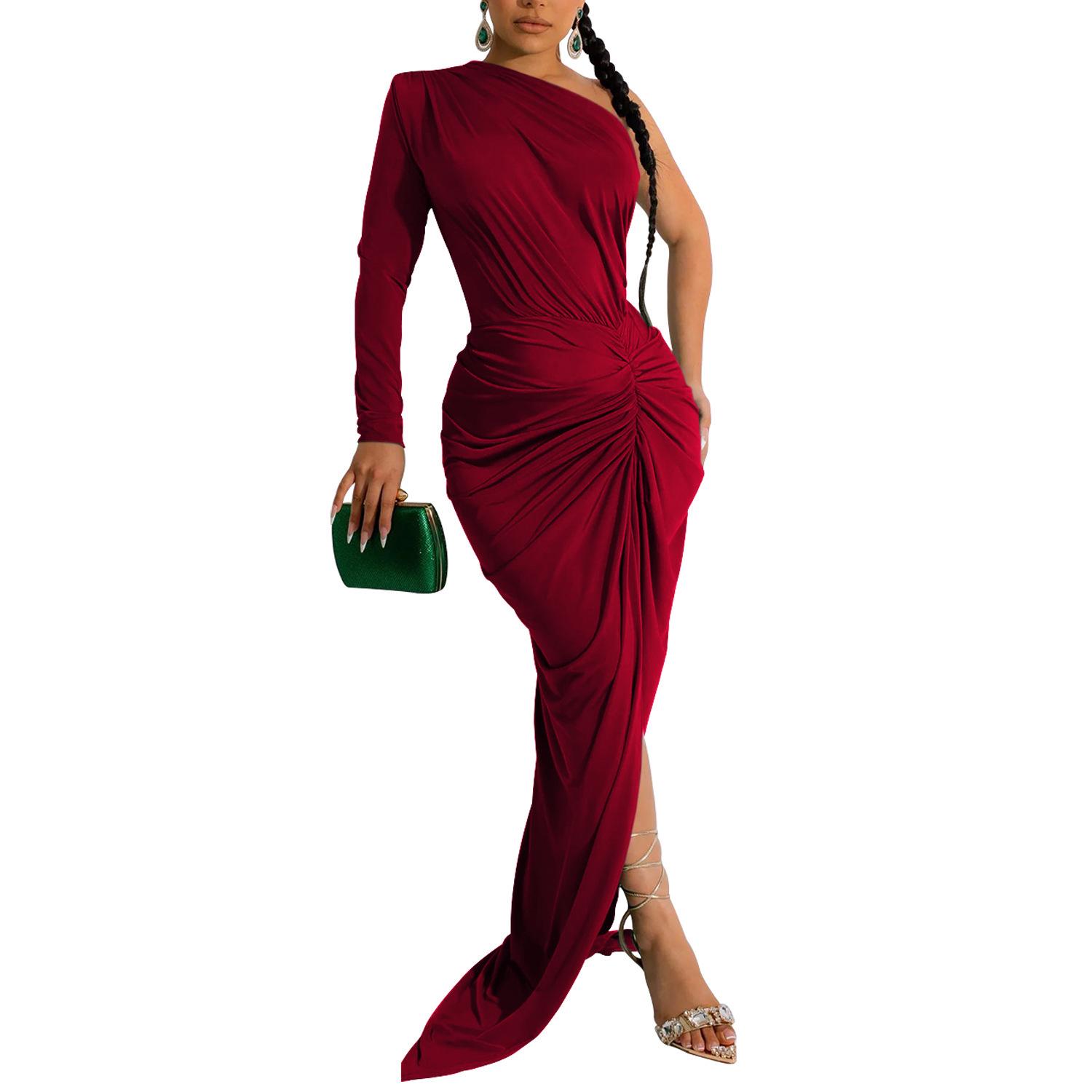 

Asymmetrical Neck Solid Color Long Sleeve Pleated Dress - European & American Fashion for Women S вина червоного кольору