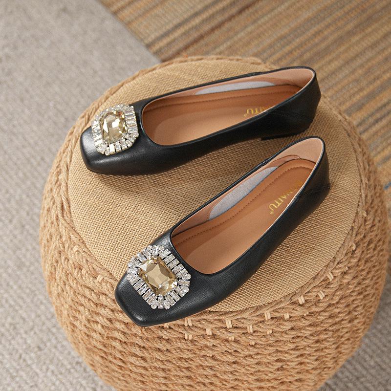 Women's Genuine Leather Slip-On Flats, Nude, Square Toe, Soft Sole, Plus Size, 2025 Edition