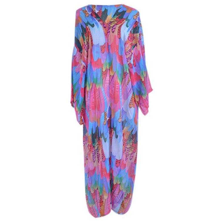 Chiffon Feather Print Beach Cover-up Cardigan