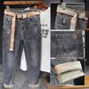 Smoky Gray Fleece Padded Jeans Men Autumn Winter Thick Loose-Fitting Straight All-Matching Trendy Slim Fit Tapered Casual Trousers Men