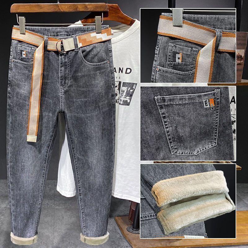 Smoky Gray Fleece Padded Jeans Men Autumn Winter Thick Loose-Fitting Straight All-Matching Trendy Slim Fit Tapered Casual Trousers Men