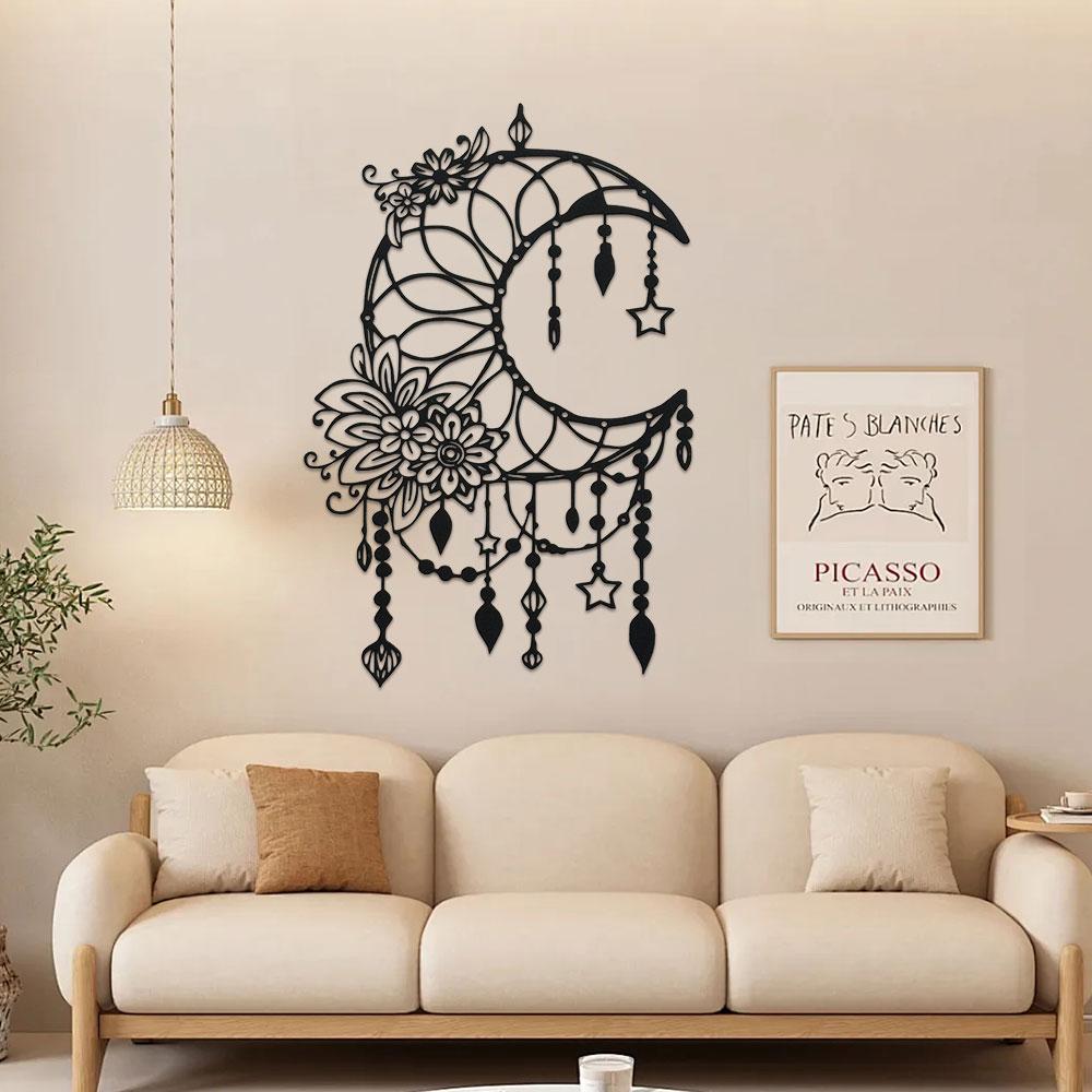 1PC Metal Elegant Gothic Moon & Flower Wall Art - Modern Craft Sign Hanging Ornament for Home, Office, Cafe Decor Birthday Gift