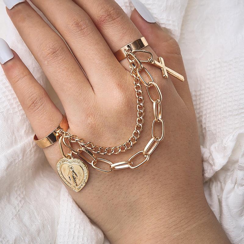 Heart Pendant Double Linked Chain Fashion Personality Ring