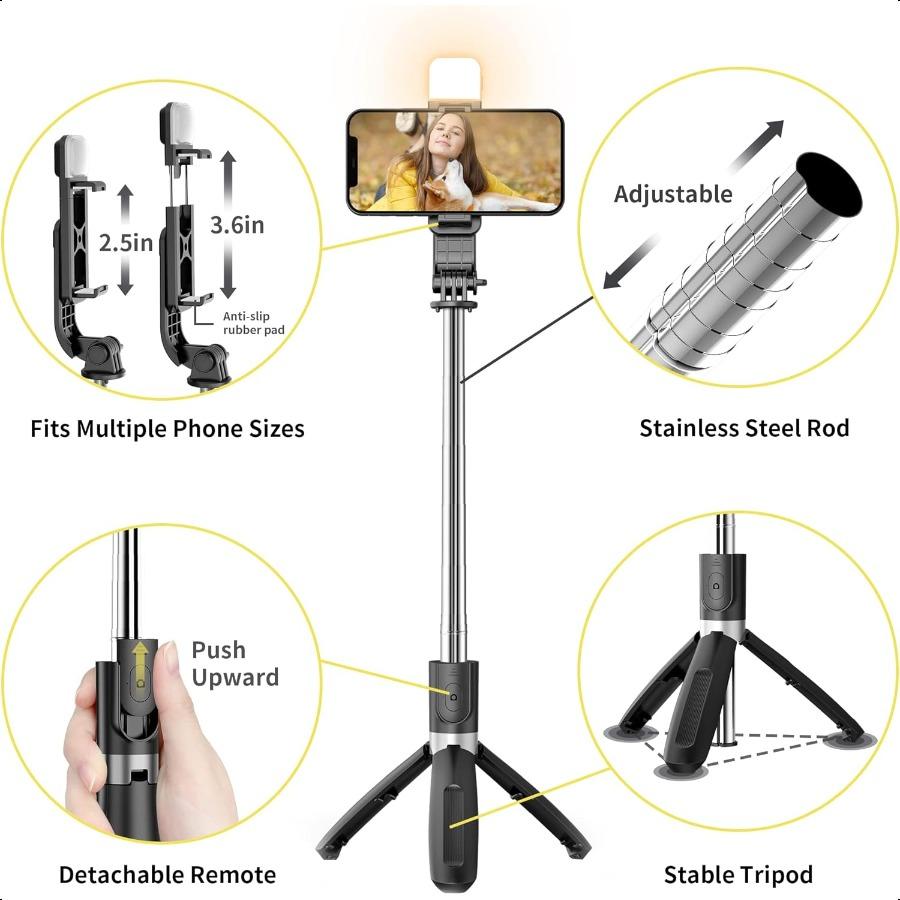 Selfie Stick with Fill Light 104cm Extendable Selfie Stick Tripod with Wirel Remote 3 Light Modes 6 Brightn Levels Compatible w