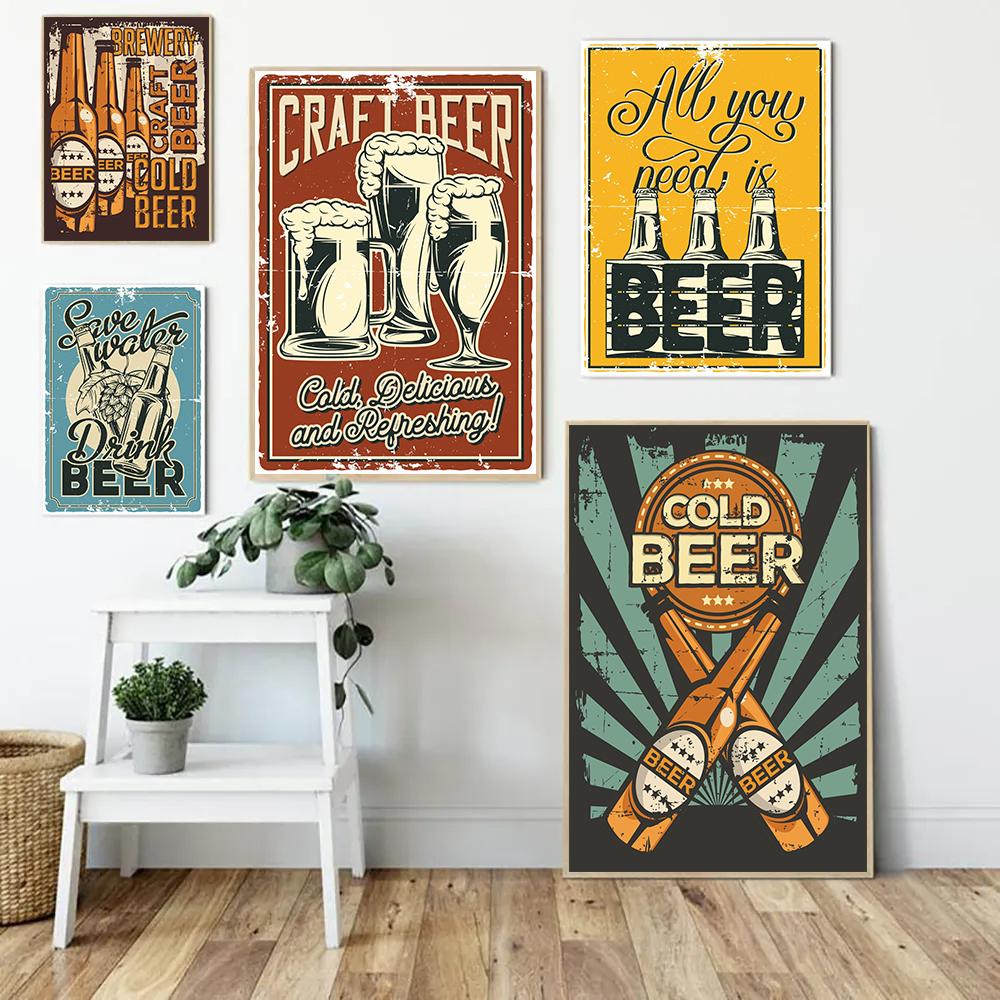 Poster Vintage Bevi Birra Fredda "Tutto Ciò di Cui Hai Bisogno è Birra" Citazioni Pittura su Tela Immagini Wall Art Decorazione per Casa Bar Caffè Club Cucina