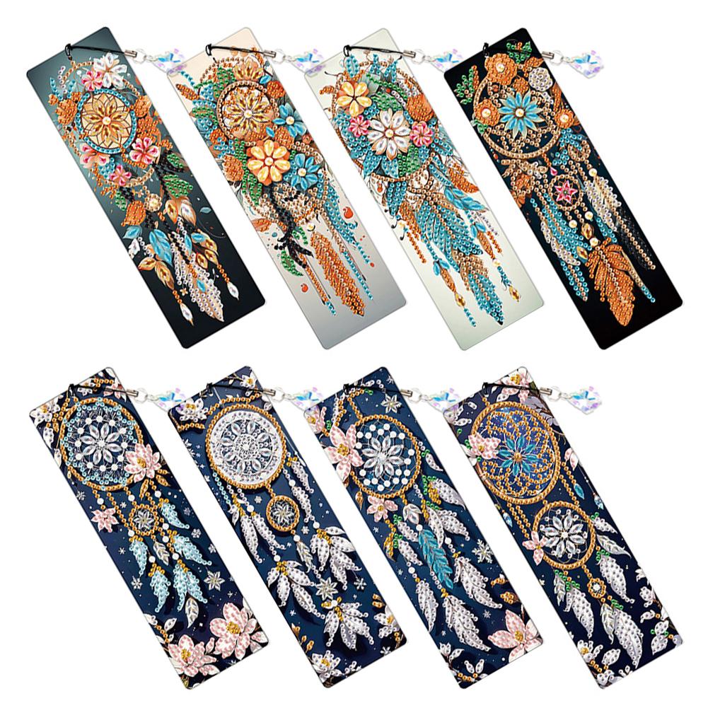 8Pcs Diamond Painting Art Bookmarks Colored Patterns DIY Diamond Painting Bookmark with Crystal Pendants for Reading Enthusiasts