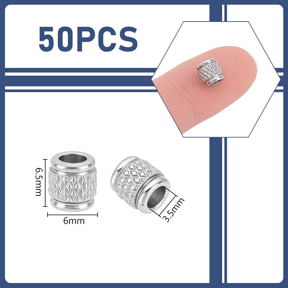 50Pcs 304 Stainless Steel European Beads, Large Hole Beads, Column, Stainless Steel Color, 6.5x6mm, Hole: 3.5mm