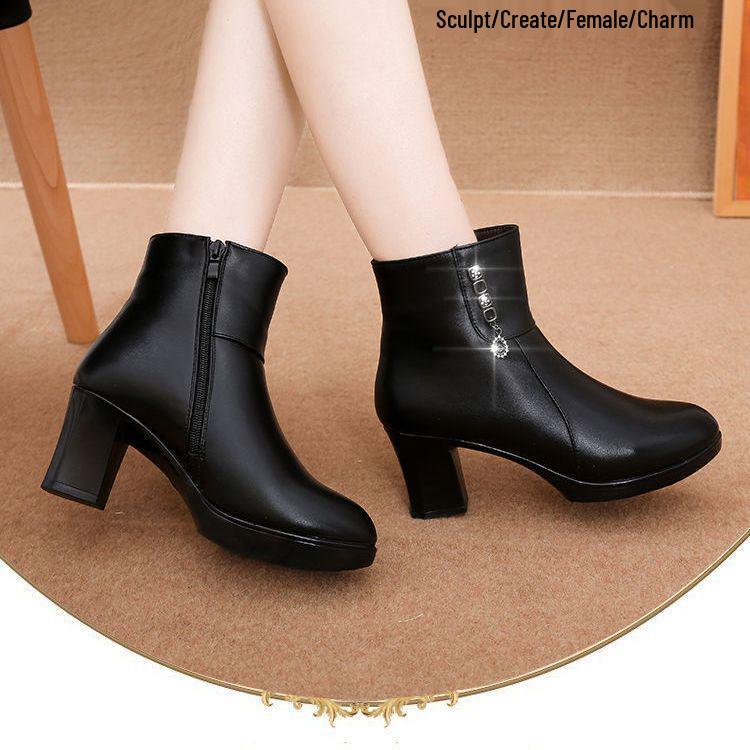 Women's 2025 Mid-Heel Black Ankle Boots, Winter Style with Plush Lining and Cotton Warmth