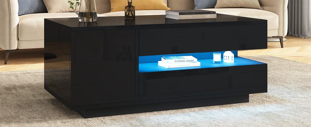 Mesa de centro elevable de 95*50*40 cm con 1 cajón, 1 armario, LED, Alto brillo, Almacenamiento oculto, Almacenamiento semiabierto, Negro