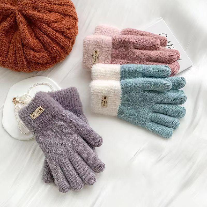 Cute Plush Knitted Gloves for Women In Autumn and Winter Warm Touch Screen Gloves
