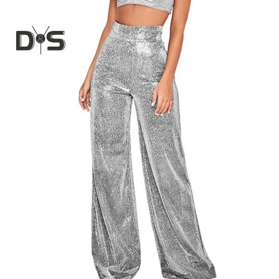 Spodnie damskie z szerokimi nogawkami i nadrukiem na gorąco, błyszczące, długie, klubowe, występy, zapięcie na suwak, spodnie z brokatem