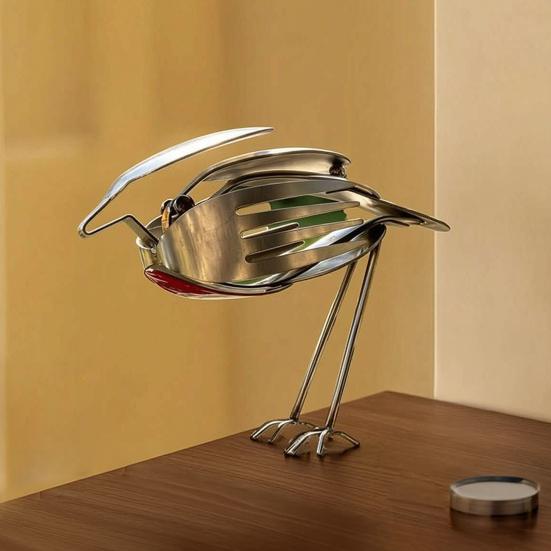 Handgefertigte Metallvogel-Skulptur, Statue aus recyceltem Besteck, Rustikalisches Gabel-Löffel-Vogel-Figürchen für Garten, Terrasse, Bürotisch