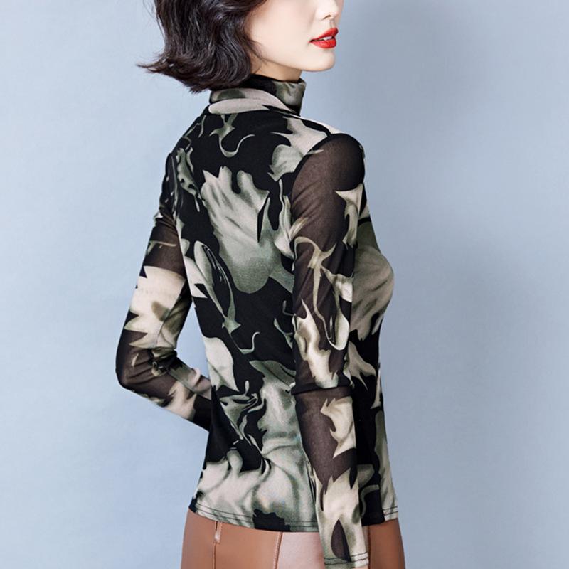 Half Turtleneck Mesh Long-sleeved T-shirt for Women In Winter New Plush Thickened Bottoming Shirt Chinese Style Top