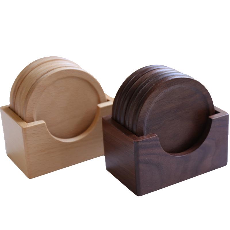Round Black Walnut and Beech Wood Coasters, 6-Piece Set – Heat-Resistant Placemats for Coffee and Tea Cups