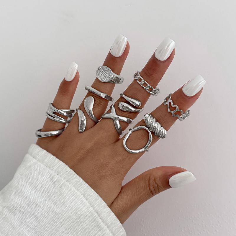 1Set Irregular Glossy Metal Open Rings For Women Vintage Punk Gold Silver Color Personality Finger Ring Female Jewelry