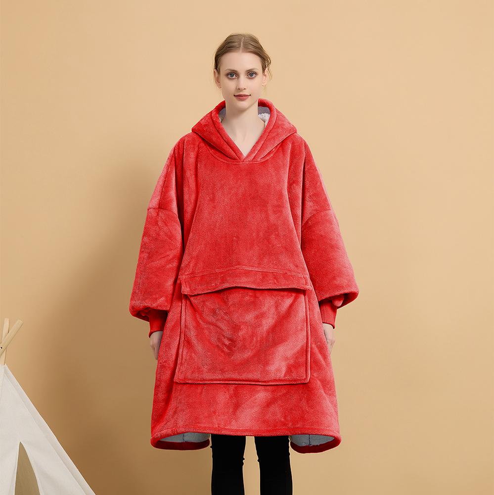 Manufacture Comfortable 100% Polyester Hooded Blanket Flannel Fleece Solid Color Cozy Warm Blanket Hoodie