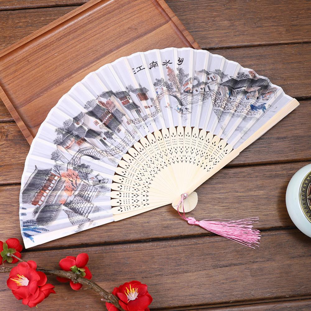 Chinese Japanese Folding Fan Wooden Shank Classical Dance Fan Tassel Elegent Female Fan Party Art Craft Gift Home Decoration