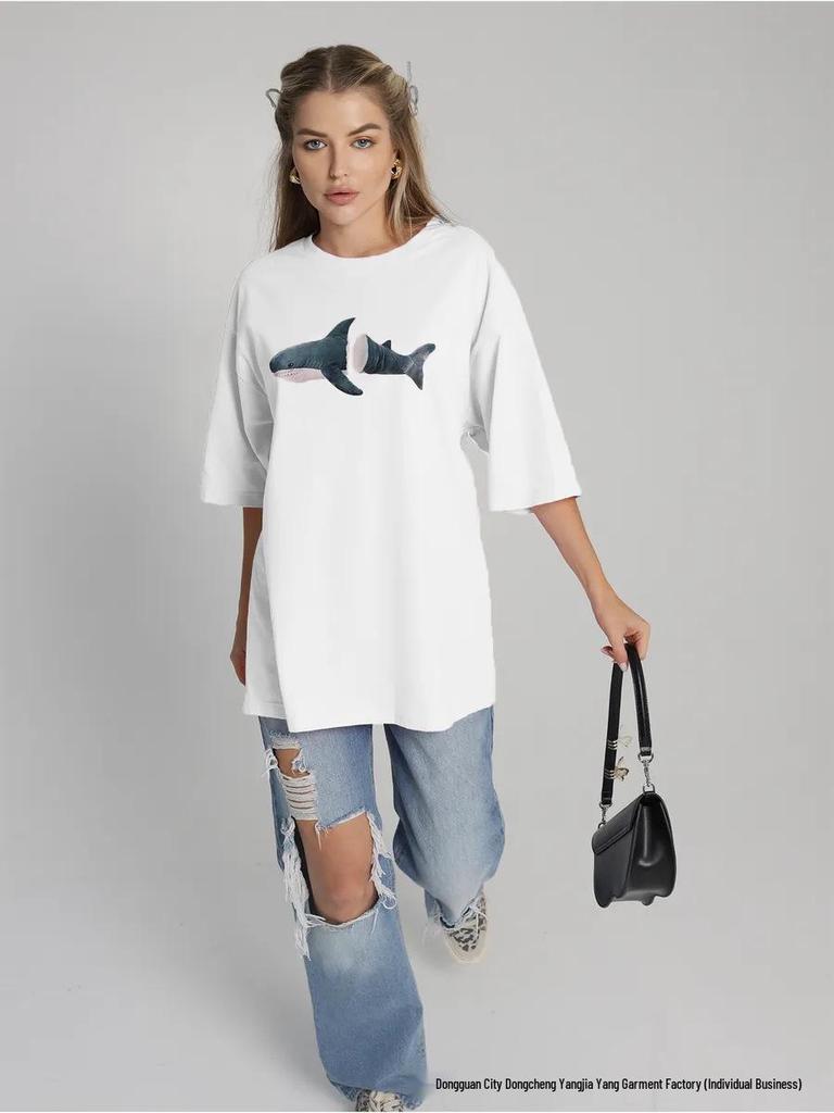 2026 Summer Women's European & American Style Versatile Shark T-Shirt - 100% Cotton Short Sleeve