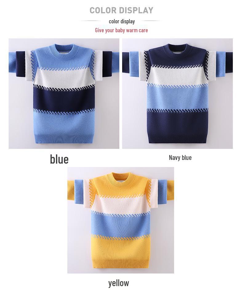 Boy's Round Neck Knit Sweater - Pure Cotton, Fleece-Lined for Autumn/Winter
