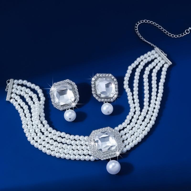Pack Of 1 Set Elegant Multilayer Faux Pearls And Geometric Crystal Necklace and Earrings Set For Women Lady