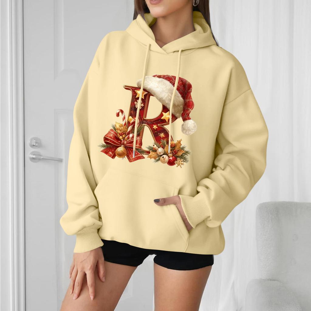 Women's Casual Comfortable Long-Sleeved Christmas Letter-Printed Warm Hooded Crew-Neck Sweatshirt