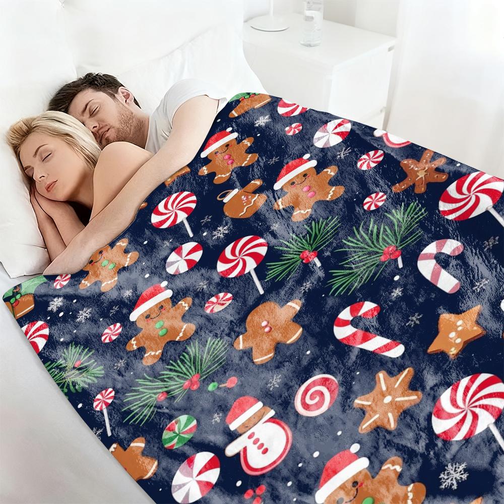 Weihnachts-Lebkuchenmann & Süßigkeitenmuster Fleecedecke Marineblau Festliche Überwurfdecke für Couch Bett Lounging Ideale Geschenke