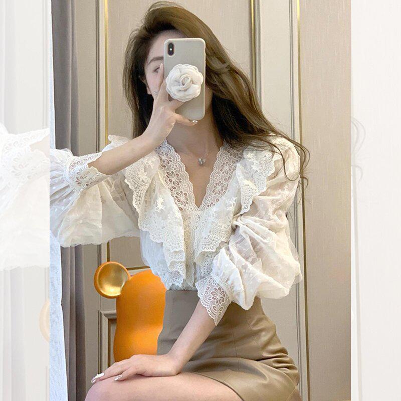 Women's Lace Ruffle Puff Sleeve Shirt - Chic Korean Style Exquisite Spring & Autumn Top