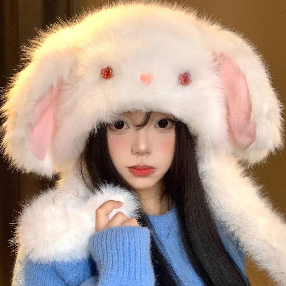 Little Rabbit Winter Plush Hat Anti-cold Fluffy Ear Protection Cap Rabbit Ears Warmer Hat Women