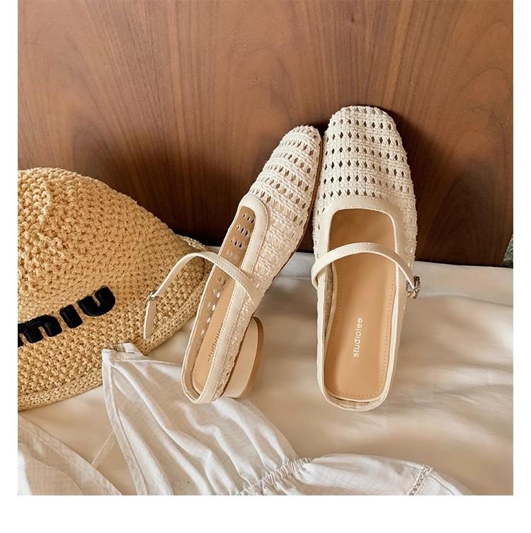 Retro Woven Hollow Square Head with Thick Heel Sandals Muller Half Slippers Women's Summer New