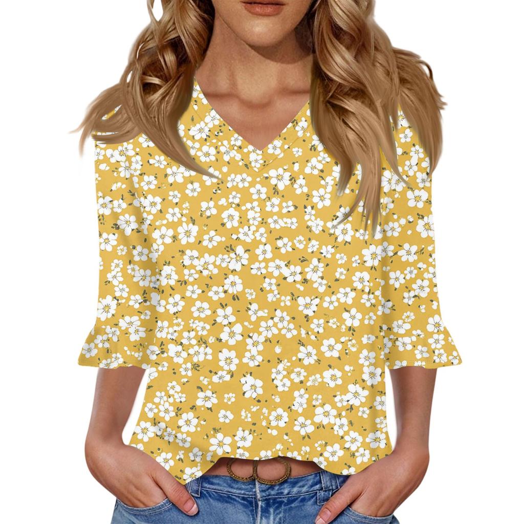 Women's Casual 3/4 Sleeve Tops V-Neck Sleeve T-Shirt Floral Print Tops