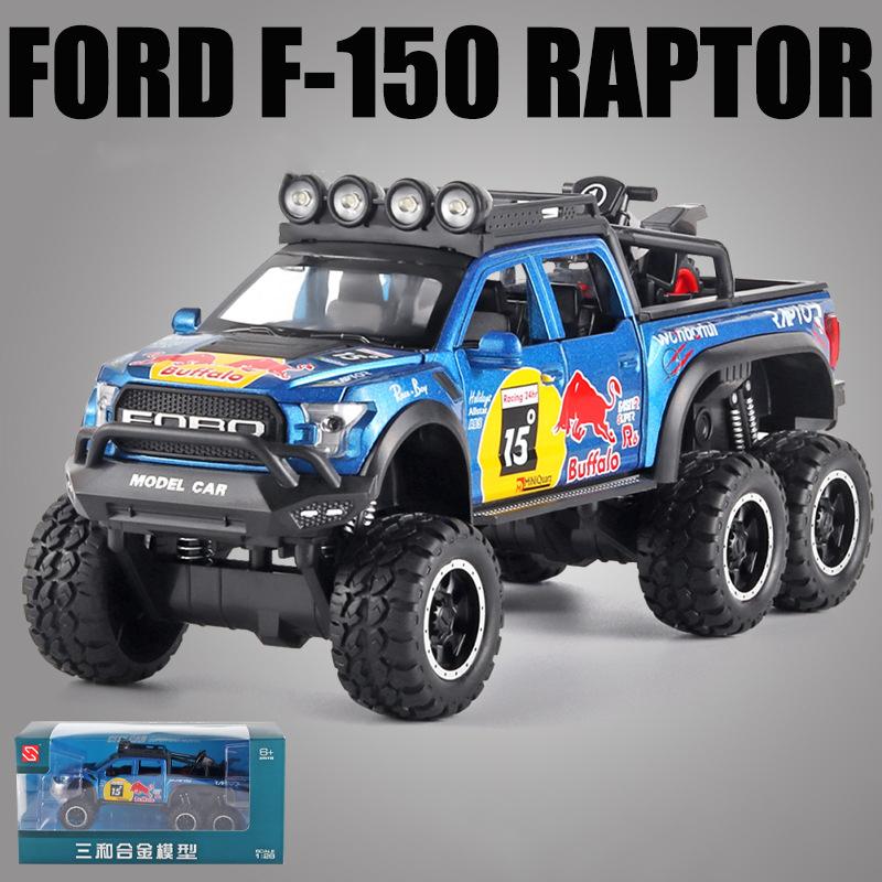 

1:28-масштабный пикап Ford Raptor F150 6X6, литой под давлением автомобиль с большими колесами, автомобиль с инерционным механизмом со светом и звуком для детей, коллекция подарков для взрослых