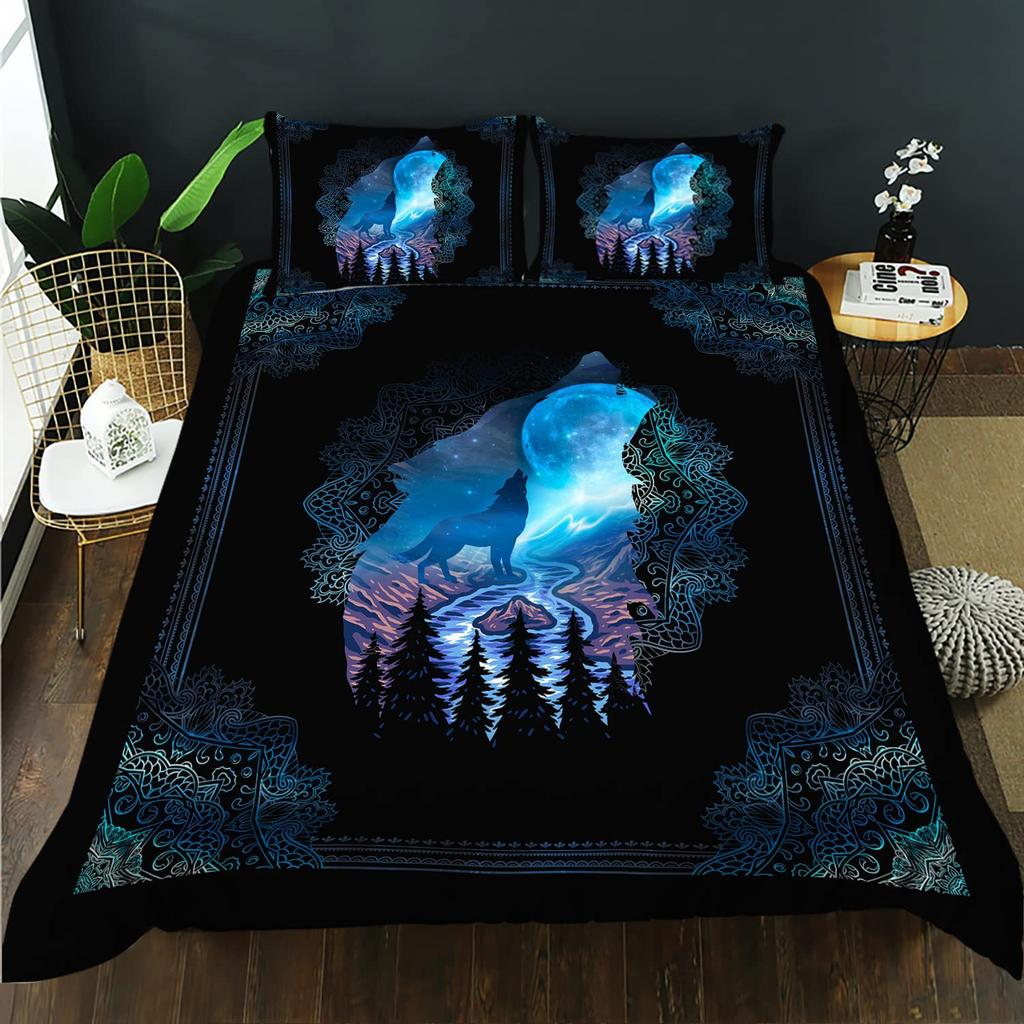Night Forest Animal Wolf Three-piece Quilt Cover 3D Digital Printing Bedding Set Bed Cover