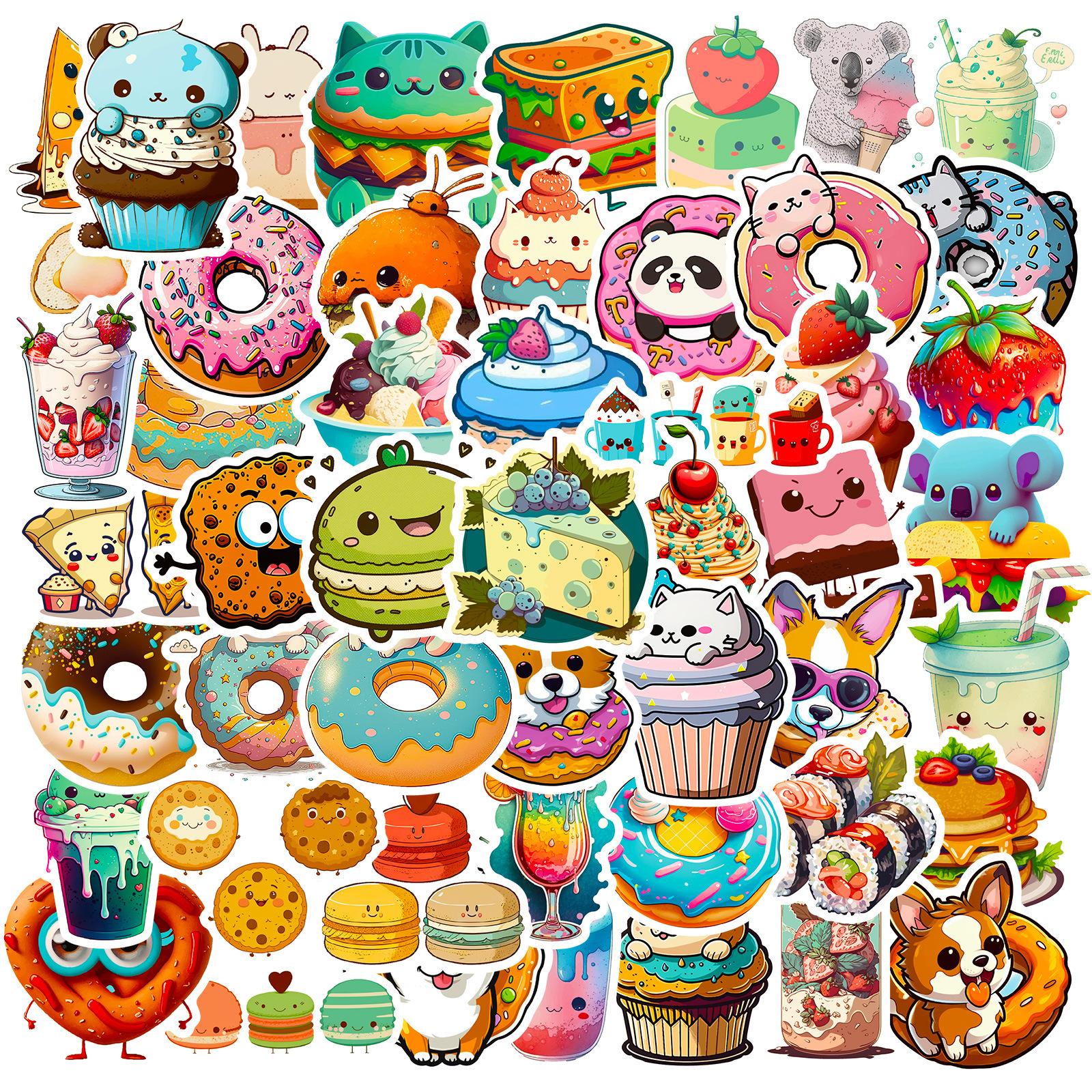 

50 Donuts Mix And Match Small Animals Stickers Ice Cream Toast Milk Tea Creative Food Stickers Asia
