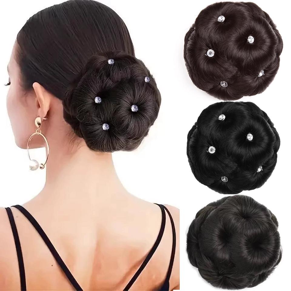Synthetic Hair Bun Chignon Diamond Clip On Pad Updo Round Flower Donut Shape Stylish Hairpiece for Party Wedding Quick Hairstyle