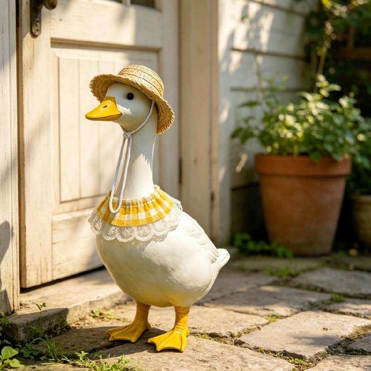 Entryway Geese Display Outfit Set With Matched Hat and Patterned Collar for Country Porch Styling and Shelf Accent