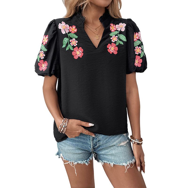 Summer New Women's Commuter Small Stand-up Collar Top Printed Pullovers Shirt