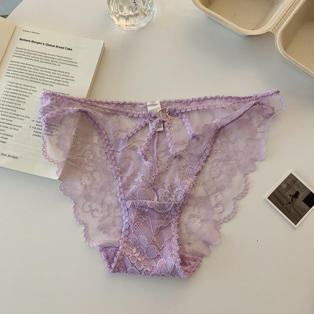 Slightly Tipsy Love - Purple Lace Low-Waist Breathable Cotton Panties with Cross Cutout