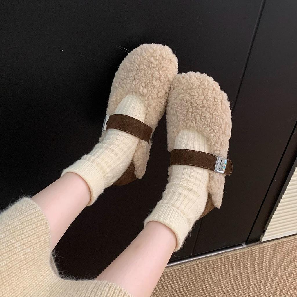 Lamb wool shoes women wear outside in winter autumn and winter new gentle fairy wind velvet warm cotton shoes flat Mary Jane shoes