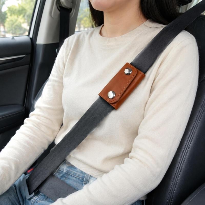 Car Seat Belt Shoulder Pad Faux Leather Closure Cover, 2 Piece Neck Contact Aid for Front or Rear Vehicle Belt Use