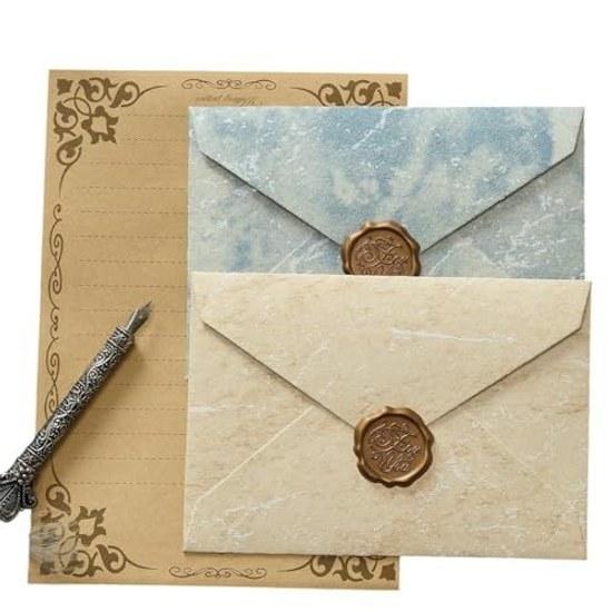 Letter set antique style beige envelope 3 sheets paper 10 seal marble gold foil embossed processing greeting card invitation birthday wedding