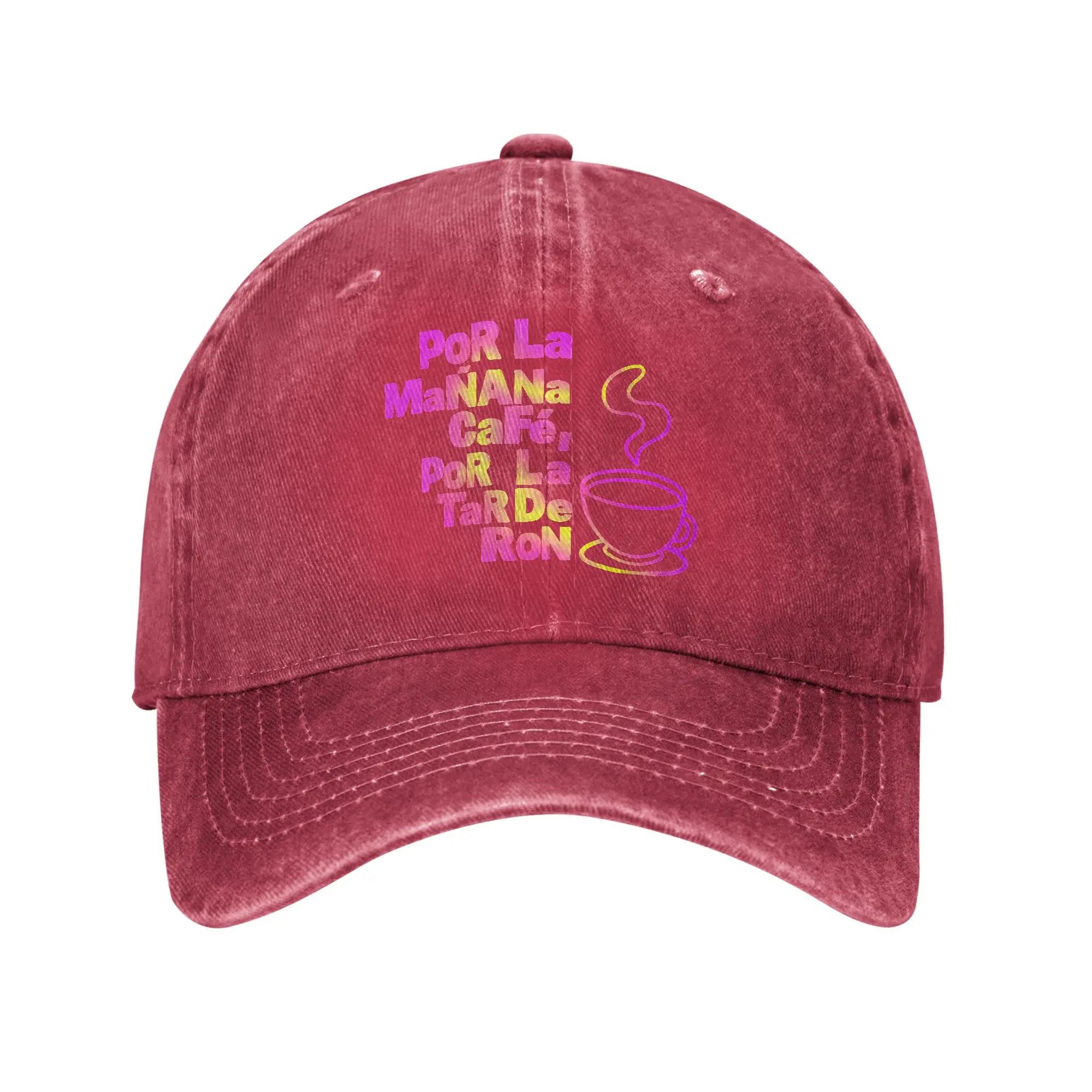 Unisex Women Por La Unisexana Cafe Por La Tarde Ron Printed Hat Casual Distressed Washed Baseball Cap Adjustable Adjustable