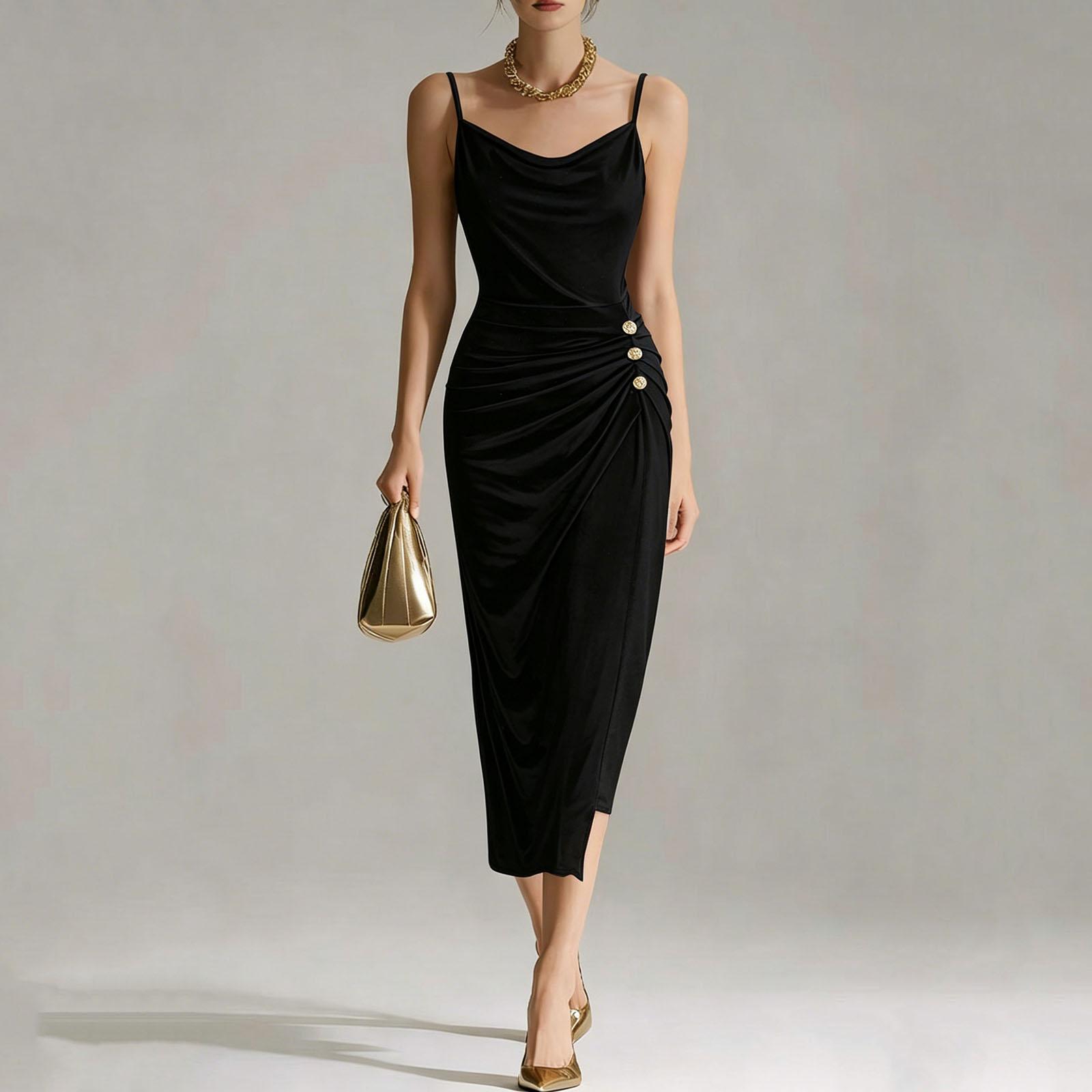Women s Fashionable, Flattering, And Elegant Gold Velvet Side-Slit Spaghetti-Strap Dress L чёрный