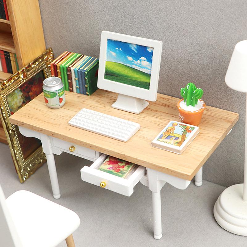 Miniature Dollhouse Furniture Computer Desk Study Desk Tea Coffee Table DollHouse Study Room Decor Simulation Mini Home Ornament