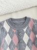 Girls' Knitted Princess Dress - Diamond Pattern, Round Neck, Pleated Long Sleeves, School Style for Spring & Autumn