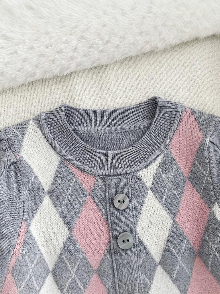 Girls' Knitted Princess Dress - Diamond Pattern, Round Neck, Pleated Long Sleeves, School Style for Spring & Autumn